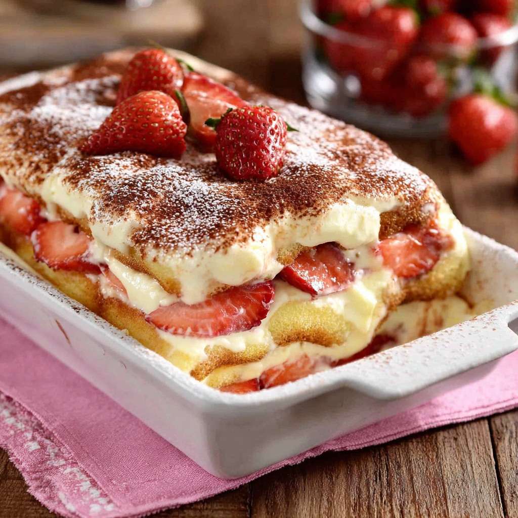 Tiramisu aux fraises en couches avec crème mascarpone onctueuse, biscuits imbibés et fraises fraîches, dessert servi bien frais.