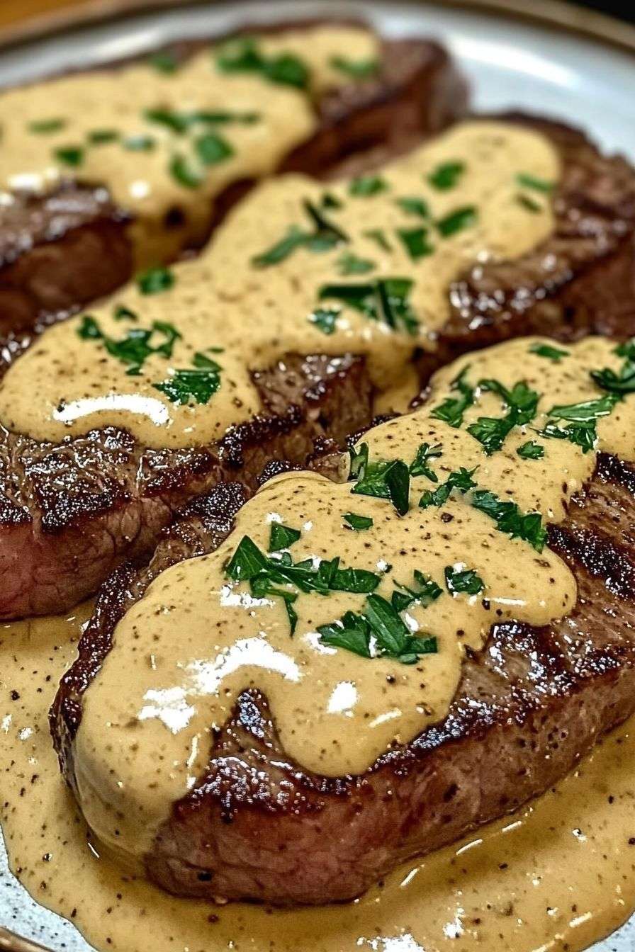 Steak au poivre de bœuf épais enrobé de poivre concassé, nappé de sauce crémeuse au poivre dans une poêle en fonte, servi chaud avec persil frais.