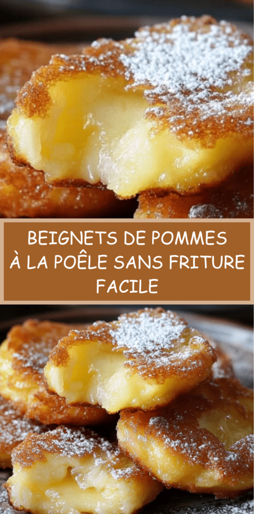 Beignets de pommes dorés à la poêle sans friture, servis chauds sur une assiette blanche avec sucre glace, texture moelleuse et pommes fondantes visibles