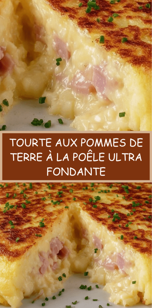 Tourte aux pommes de terre dorée à la poêle, garnie de fromage fondant et de jambon, servie chaude sur une assiette rustique avec texture crémeuse visible