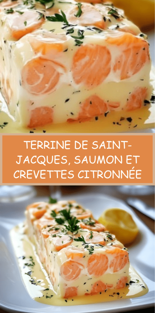 Terrine de Saint-Jacques, saumon et crevettes à la crème citronnée, texture fondante visible à la découpe, servie froide avec herbes fraîches et citron