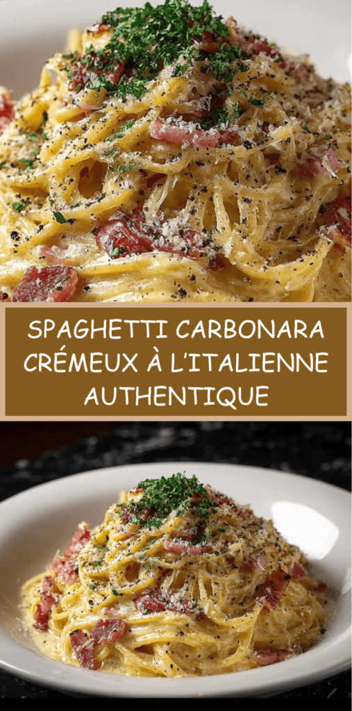 Spaghetti carbonara crémeux servis chauds avec pancetta croustillante, parmesan râpé et poivre noir, texture onctueuse visible et sauce brillante