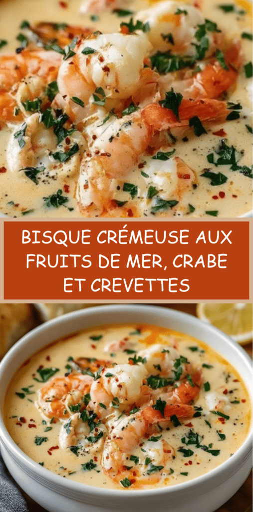 Bisque crémeuse aux fruits de mer avec crevettes et chair de crabe, texture veloutée, couleur orangée intense, servie chaude avec persil frais et pain grillé