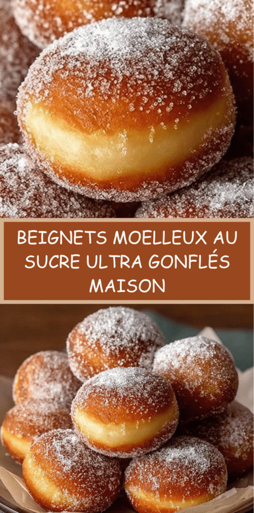 Beignets moelleux au sucre dorés et gonflés, texture aérée visible à la découpe, enrobés de sucre et servis chauds sur une assiette