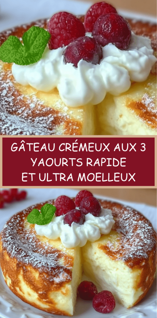 Gâteau crémeux aux trois yaourts doré au four, texture moelleuse visible à la découpe, saupoudré de sucre glace et décoré de fruits frais