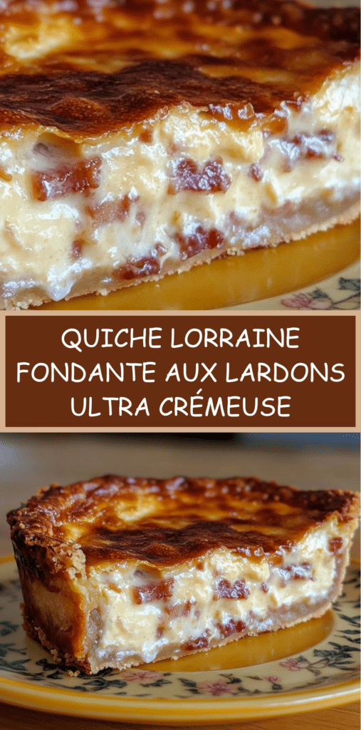 Quiche lorraine dorée au four avec lardons fumés et fromage fondant, texture crémeuse visible à la découpe, servie chaude sur une assiette rustique