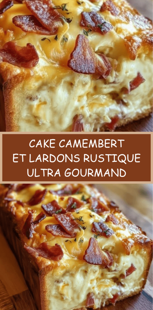 Cake camembert salé et lardons doré au four, texture moelleuse visible à la découpe, fromage fondant et lardons croustillants, servi en tranches épaisses