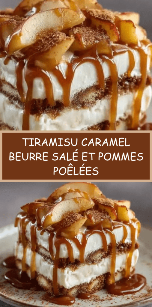 Tiramisu caramel beurre salé aux pommes poêlées, couches visibles de biscuits imbibés, crème mascarpone onctueuse et filet de caramel brillant sur le dessus