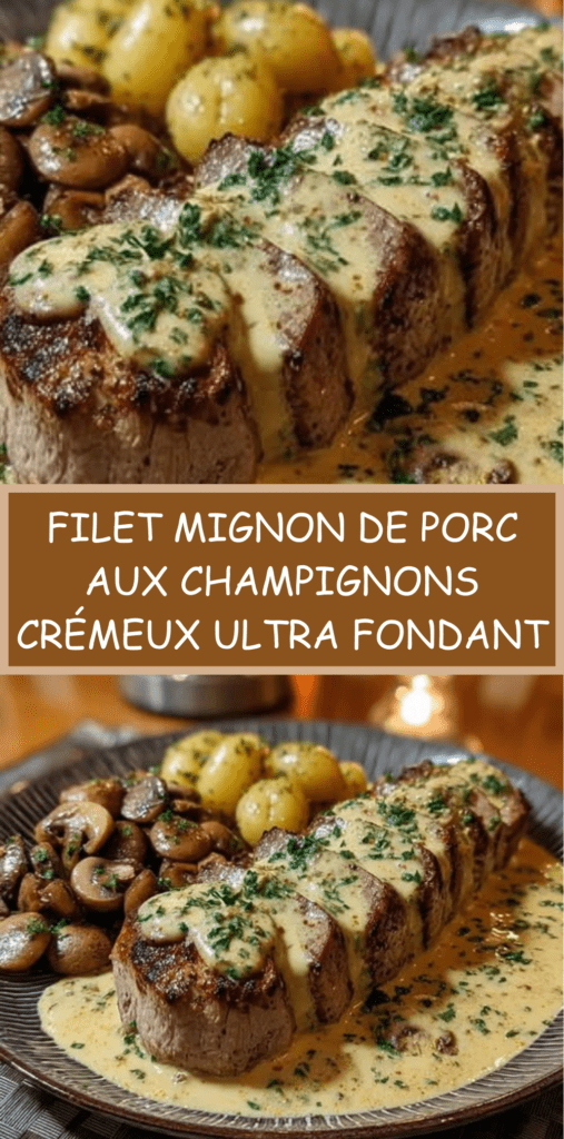 Filet mignon de porc aux champignons nappé de sauce crémeuse, morceaux tendres visibles, champignons dorés et persil frais en finition, servi chaud