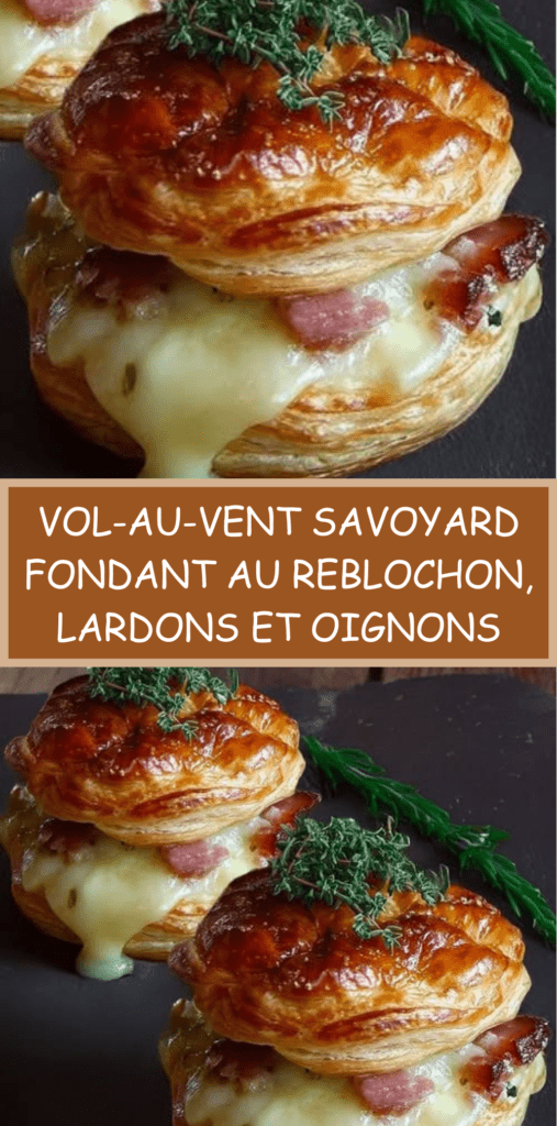 Vol-au-vent savoyard garni de reblochon fondu, lardons dorés et oignons fondants, pâte feuilletée croustillante, servi chaud et gratiné