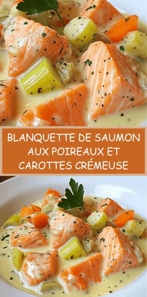 Blanquette de saumon aux poireaux et carottes nappée de sauce crémeuse, morceaux de saumon fondants visibles, servie chaude avec persil frais