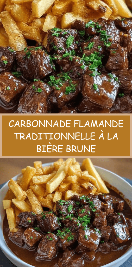Carbonnade flamande traditionnelle mijotée à la bière brune, morceaux de bœuf fondants nappés de sauce épaisse, servie chaude avec frites croustillantes
