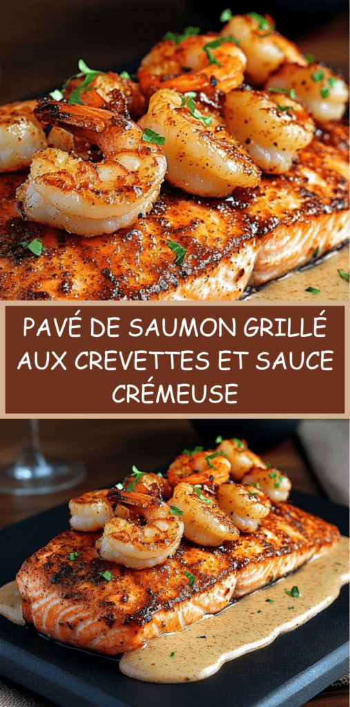 Pavé de saumon grillé doré à la poêle nappé de sauce crémeuse aux crevettes, texture moelleuse visible, persil frais en finition et filet de citron