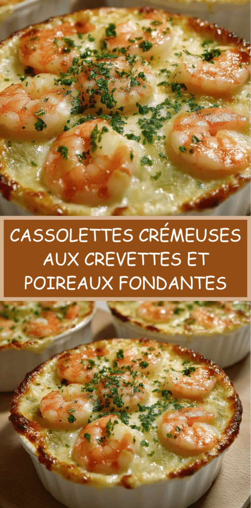 Cassolettes gratinées aux crevettes et poireaux nappées de sauce crémeuse, fromage doré sur le dessus, texture fondante visible, servies chaudes