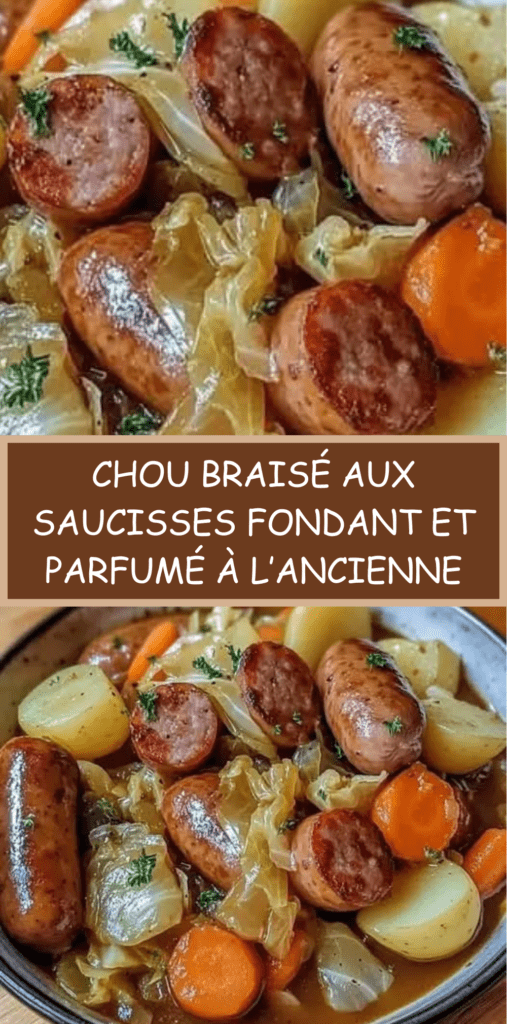 Chou braisé aux saucisses fumées avec pommes de terre et carottes, légumes fondants dans un bouillon parfumé, servi chaud en cocotte rustique