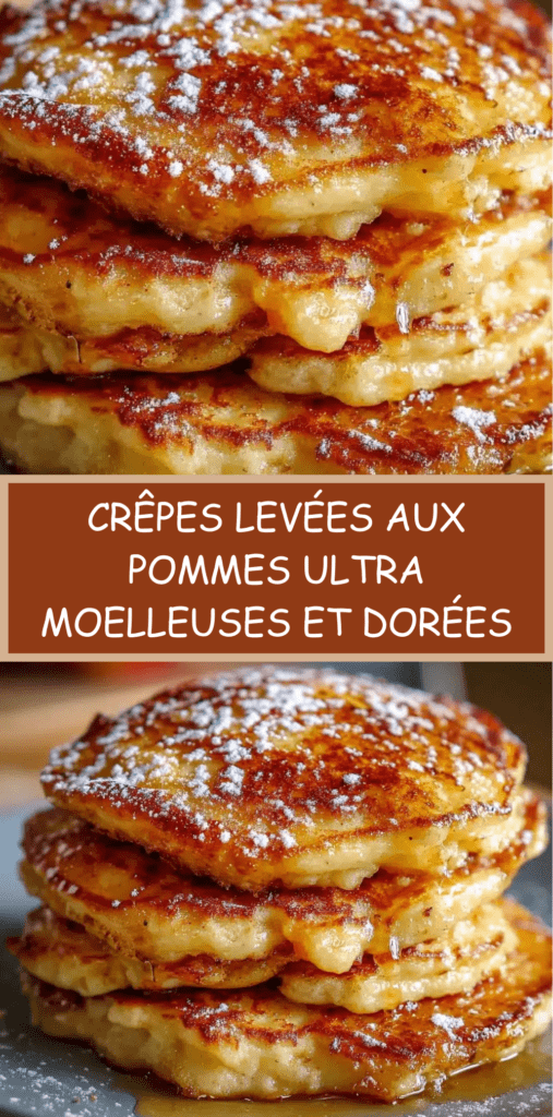 Crêpes levées aux pommes dorées à la poêle, texture épaisse et moelleuse visible, morceaux de pommes fondants intégrés, servies chaudes avec miel
