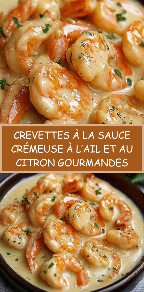 Crevettes dorées nappées de sauce crémeuse à l’ail et au citron, texture onctueuse visible, persil frais en finition, servies chaudes avec riz