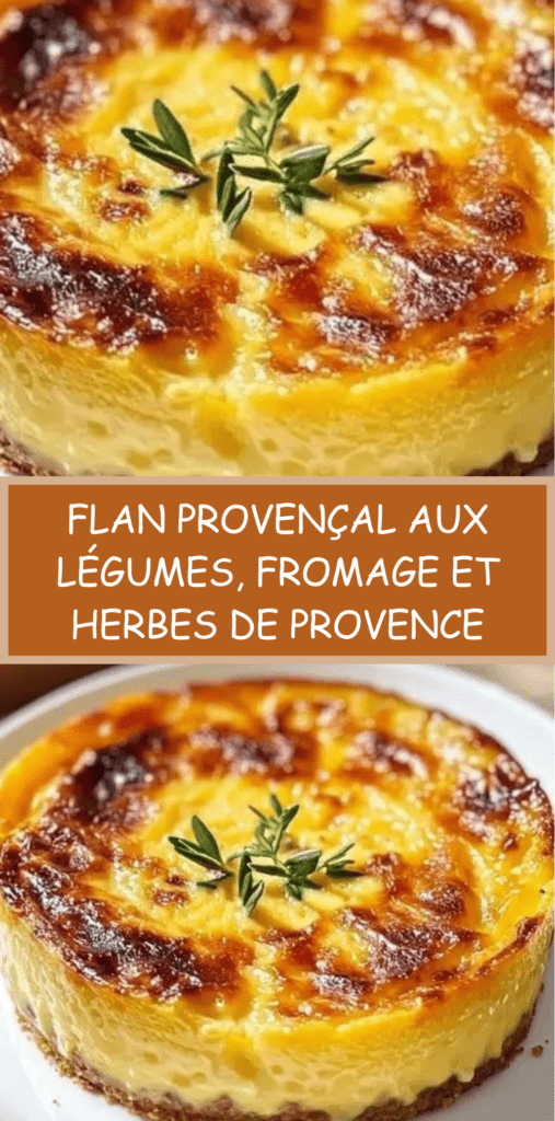 Flan provençal aux tomates, courgettes et poivrons, texture fondante et dorée, fromage gratiné visible, servi en part avec salade verte