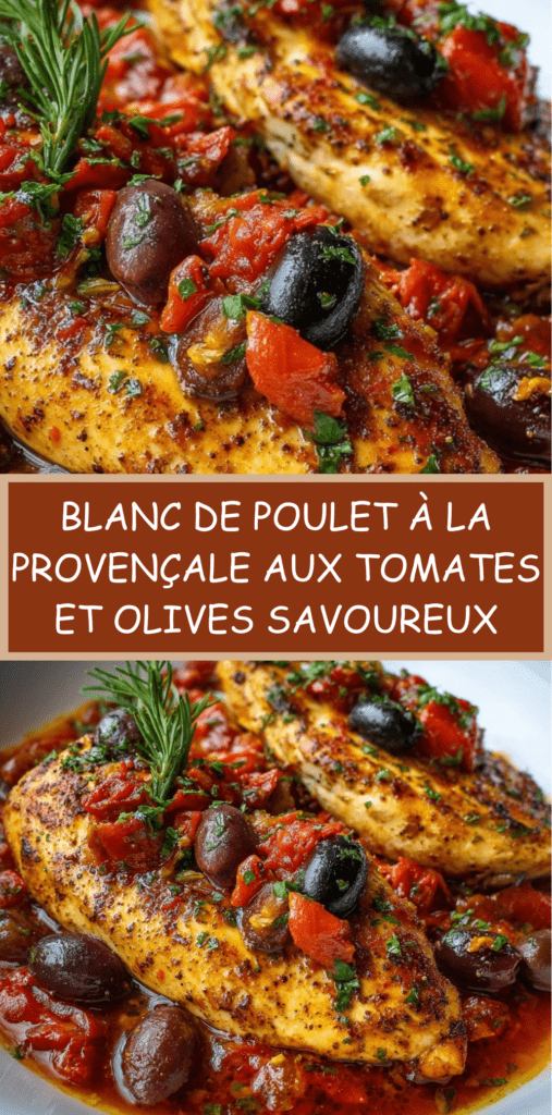 Blanc de poulet mijoté à la provençale avec tomates concassées et olives noires, sauce rouge parfumée aux herbes, servi chaud dans une poêle rustique