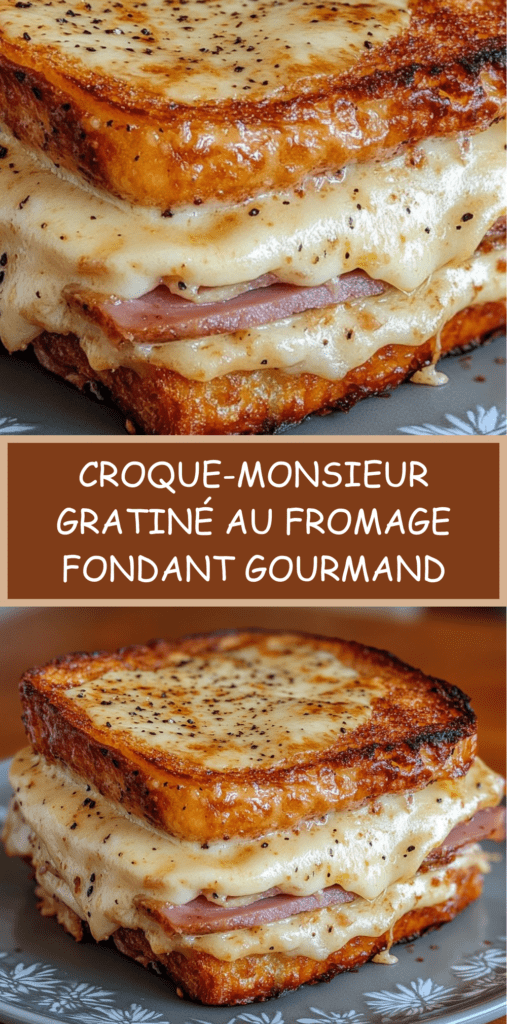 Croque-monsieur gratiné au fromage fondant avec pain doré et croustillant, fromage filant visible à la découpe, servi chaud avec surface bien gratinée