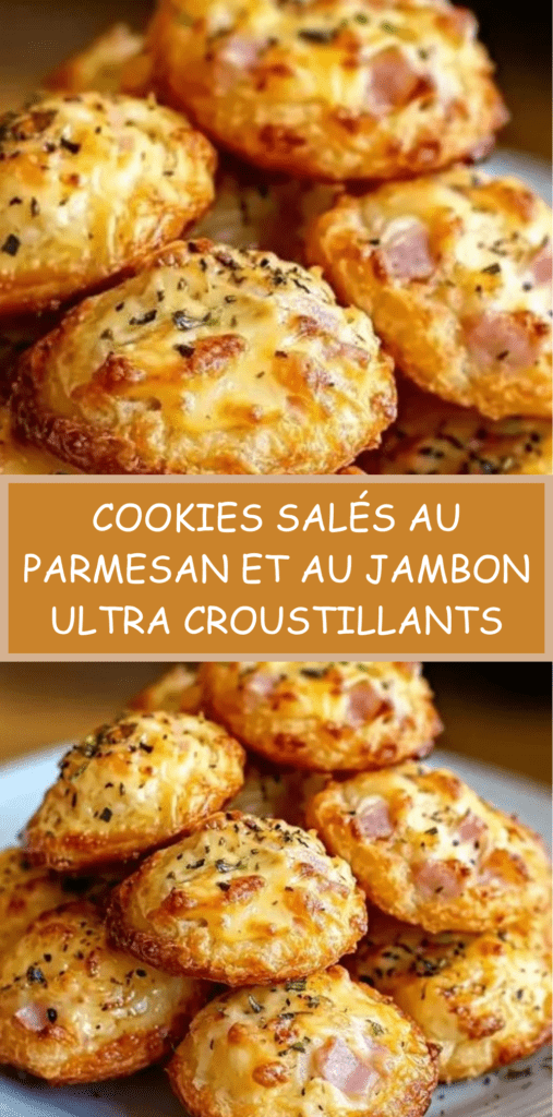 Cookies salés au parmesan et au jambon dorés au four, texture croustillante à l’extérieur et moelleuse à l’intérieur, servis sur une assiette pour apéritif