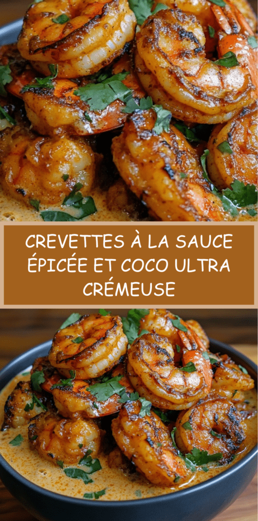 Crevettes roses mijotées dans une sauce crémeuse au lait de coco et aux épices, citron vert et coriandre fraîche, servies dans une poêle chaude