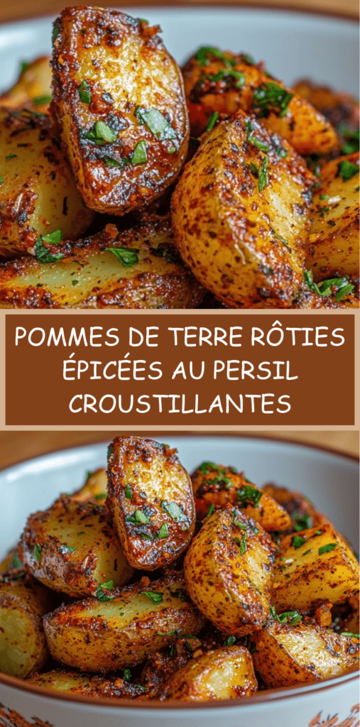 Pommes de terre rôties au four croustillantes et dorées, enrobées d’épices, ail et persil frais, servies dans un plat rustique