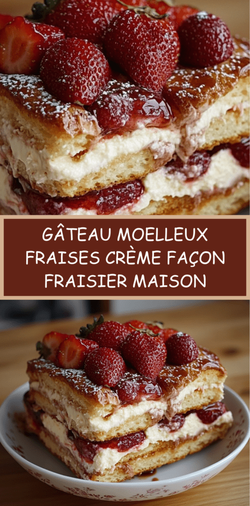 Gâteau moelleux façon fraisier garni de chantilly, fraises fraîches et sucre glace, présenté en parts nettes sur un plat de dessert