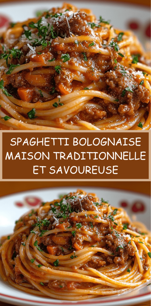 Spaghetti bolognaise maison avec sauce tomate épaisse au bœuf haché, légumes fondants, persil frais et parmesan râpé servis dans une assiette creuse
