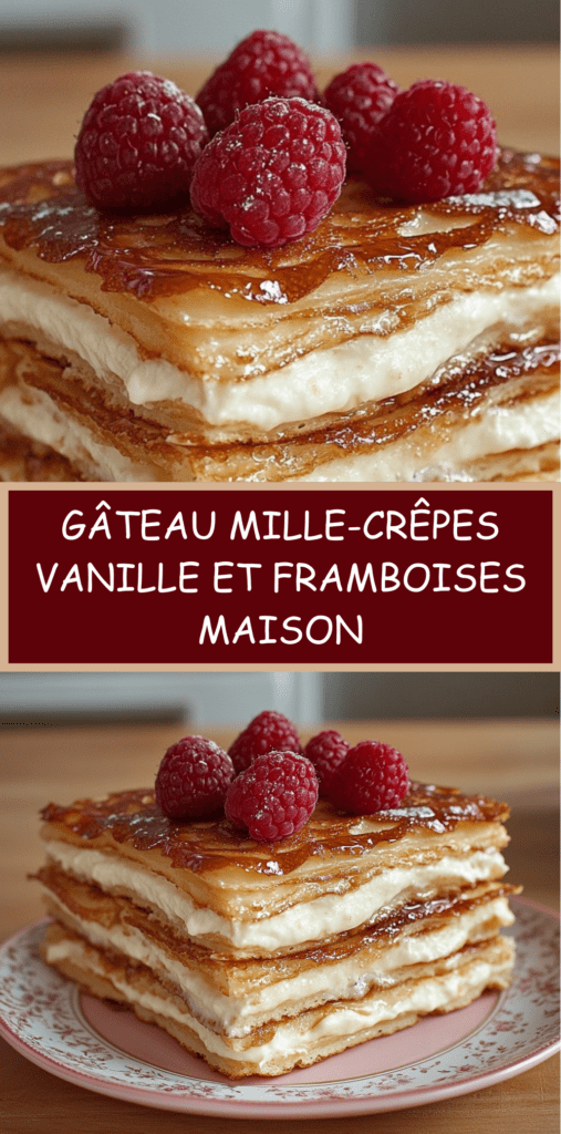 Gâteau mille-crêpes garni de crème pâtissière à la vanille et de framboises fraîches, découpé en parts nettes et présenté sur un plat à dessert