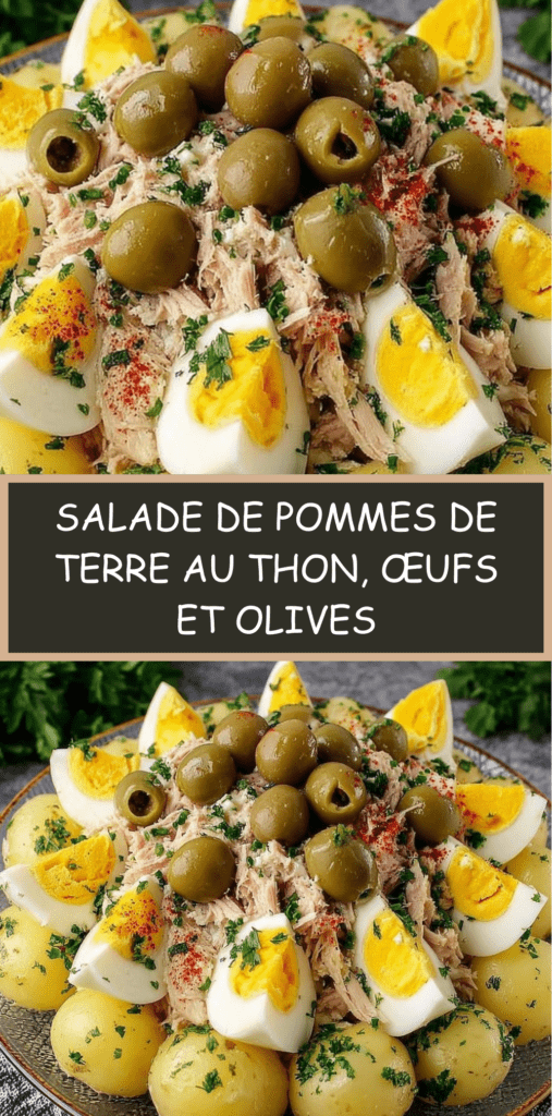Salade de pommes de terre au thon avec œufs durs, olives et persil frais, assaisonnée d’une vinaigrette à l’huile d’olive, servie dans un grand plat