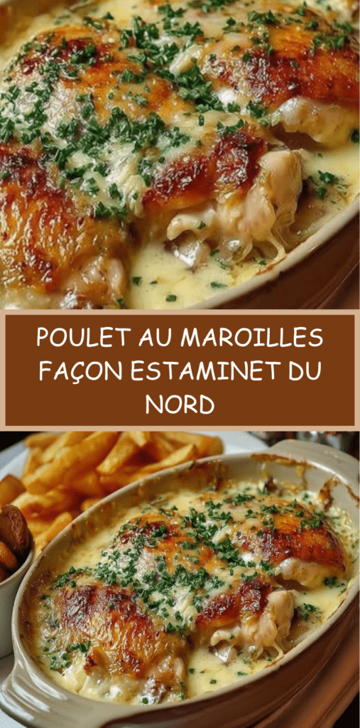 Poulet au Maroilles gratiné au four avec sauce crémeuse, oignons fondants et persil frais, servi dans un plat rustique du Nord