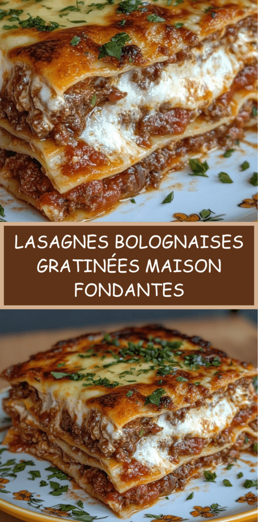 Lasagnes bolognaises maison gratinées au four avec couches de pâtes, sauce bolognaise riche, béchamel crémeuse et fromage doré