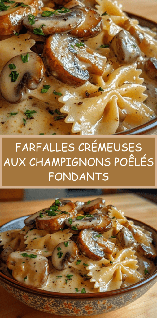 Farfalles enrobées de sauce crémeuse aux champignons poêlés, persil frais et parmesan, servies bien chaudes dans une assiette creuse