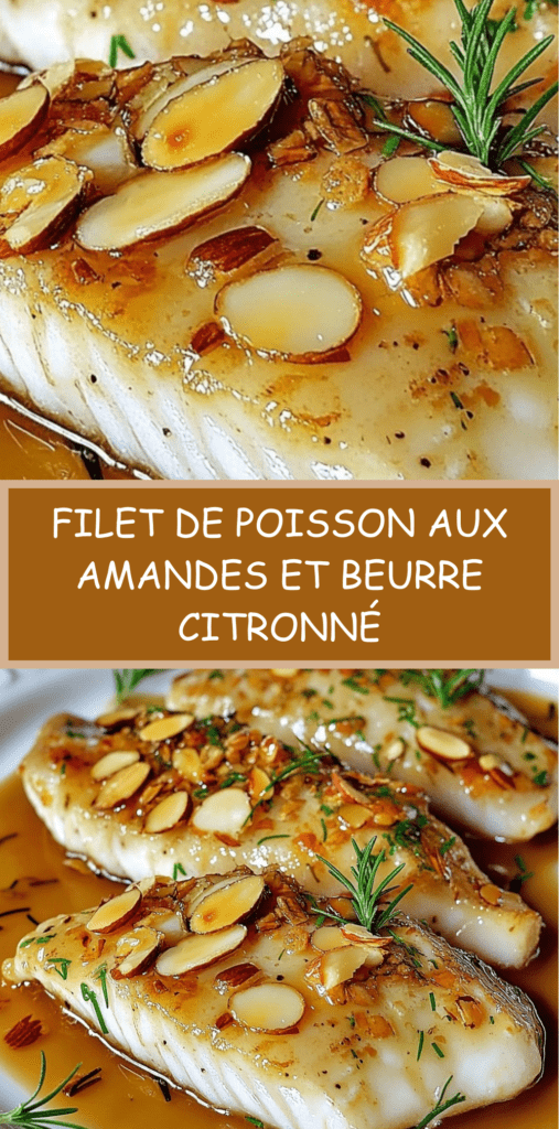 Filet de poisson doré à la poêle, nappé de beurre citronné aux amandes effilées, servi avec herbes fraîches et sauce brillante
