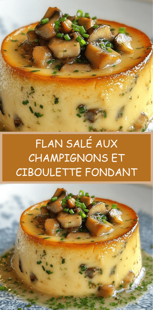 Flan salé individuel aux champignons de Paris et ciboulette, texture fondante, démoulé sur assiette avec finition aux herbes fraîches