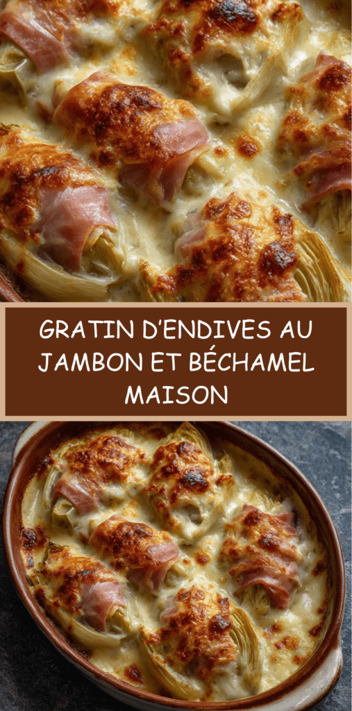 Gratin d’endives au jambon nappé de béchamel maison et fromage gratiné, doré au four dans un plat familial