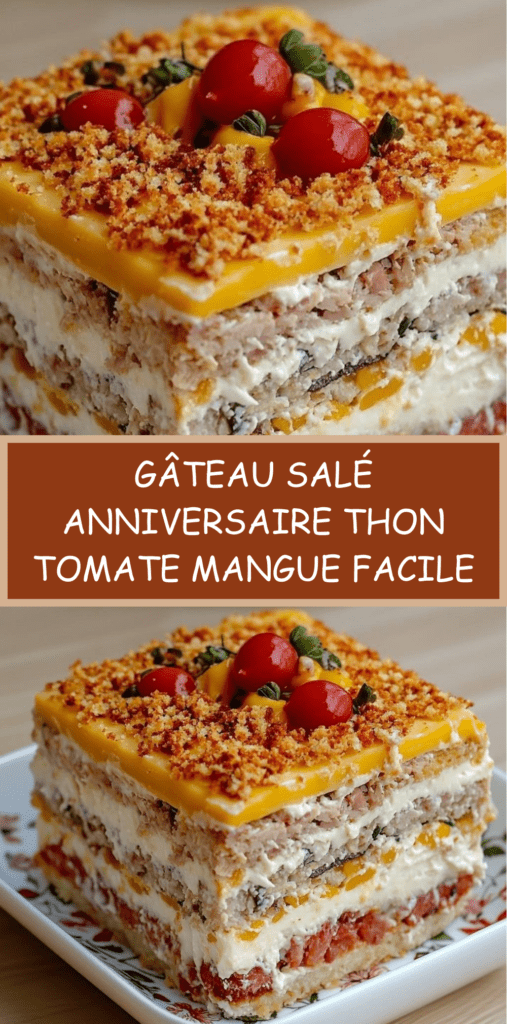 Gâteau salé en couches de pain de mie garni de crème au thon, mangue et tomate, décoré d’herbes fraîches et tomates cerises pour buffet