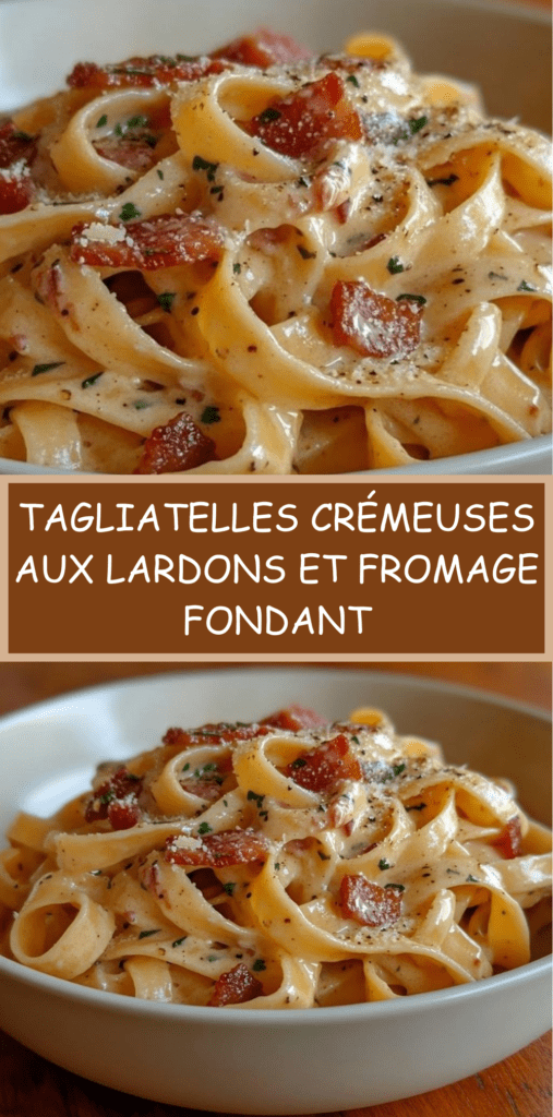 Tagliatelles nappées de sauce crémeuse aux lardons croustillants et fromage fondant, parsemées de persil frais et poivre noir
