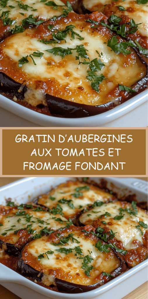 Gratin d’aubergines maison aux tomates concassées, mozzarella fondante et parmesan doré, servi chaud dans un plat à gratin.