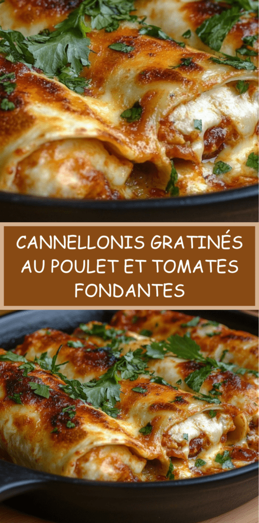 Plat de cannellonis gratinés au poulet nappés de tomates concassées et recouverts de fromage gratiné doré, servis bien chauds.
