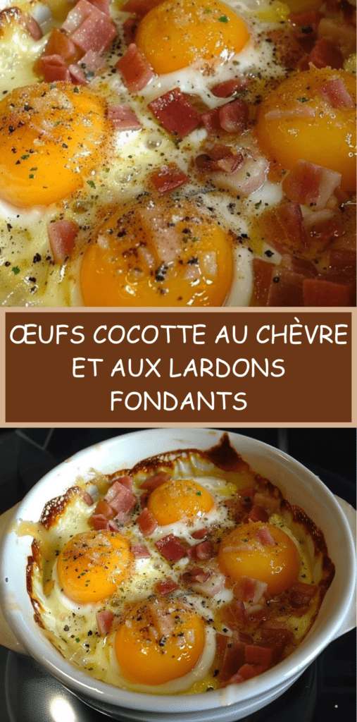 Œufs cocotte cuits au four en ramequins avec fromage de chèvre fondant, lardons fumés croustillants et jaune légèrement coulant.