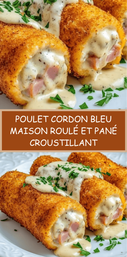 Poulet cordon bleu maison roulé et pané, doré et croustillant, garni de fromage fondant et de jambon, servi bien chaud.
