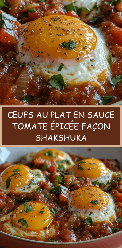 Œufs au plat cuits dans une sauce tomate épicée aux oignons et épices, jaunes coulants et persil frais, servis directement à la poêle.