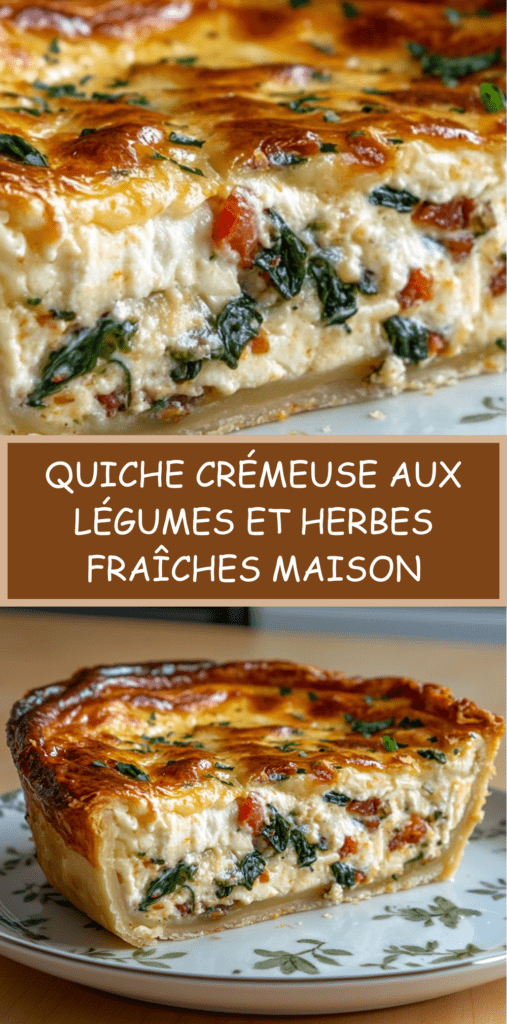Quiche crémeuse maison aux légumes avec épinards, tomates et herbes fraîches, appareil crémeux aux œufs et fromage, dorée au four.