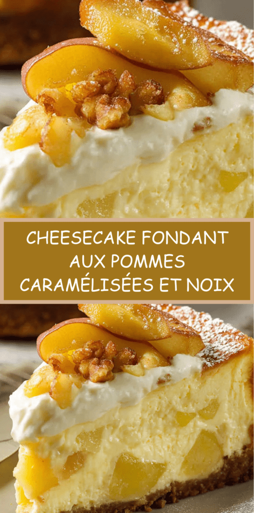 Cheesecake fondant aux pommes caramélisées et noix concassées, base biscuit sablé, texture crémeuse et dessus doré, servi bien frais.