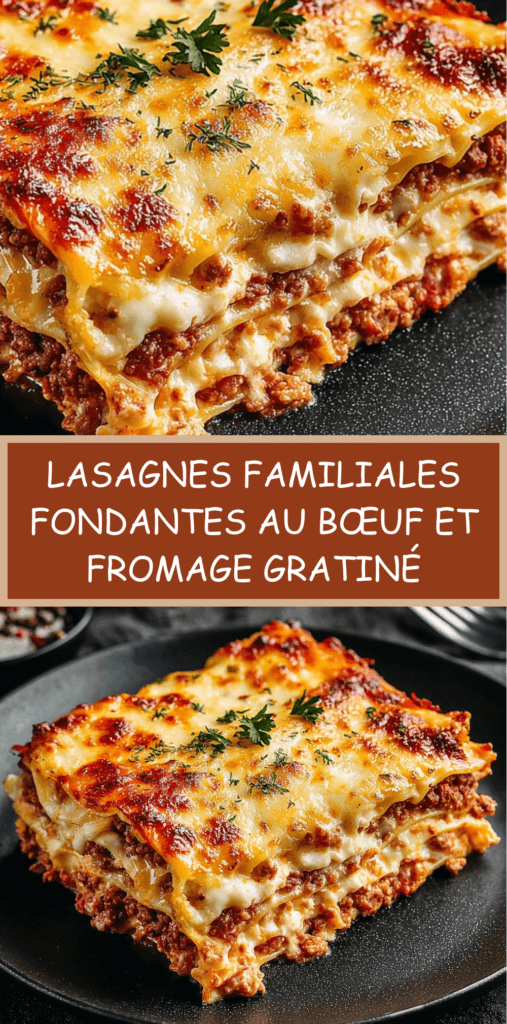 Lasagnes familiales maison au bœuf haché, sauce tomate et béchamel, recouvertes de fromage gratiné doré et fondant, servies bien chaudes.