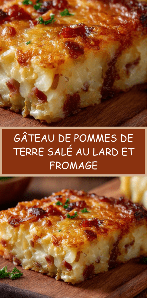 Gâteau salé de pommes de terre aux lardons fumés et fromage fondu, doré au four, servi en parts épaisses avec salade verte.