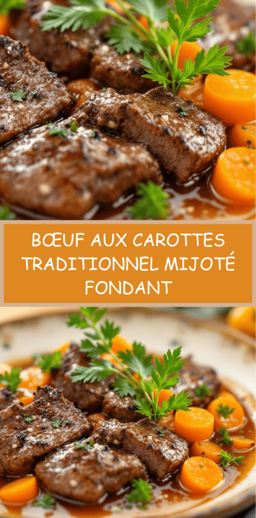 Bœuf aux carottes mijoté en cocotte, viande tendre, carottes fondantes et sauce brune onctueuse, servi bien chaud.