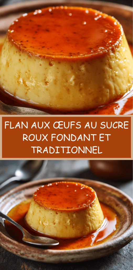 Flan aux œufs maison au sucre roux, texture lisse et fondante, cuit au bain-marie et servi bien frais.